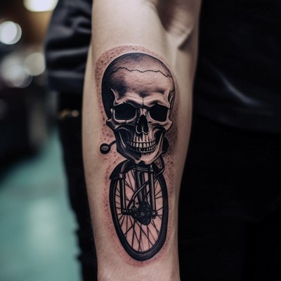 A Skull with a Bicycle Tattoo on the Forearm