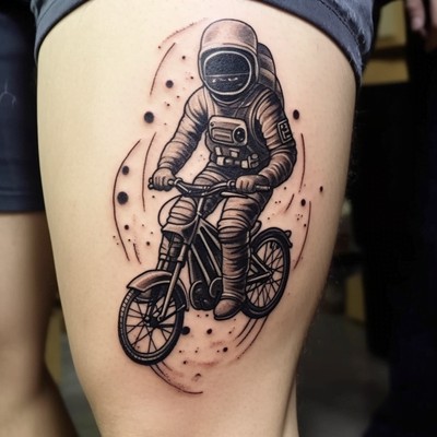 Astronaut Riding a Bicycle Tattoo on the Leg