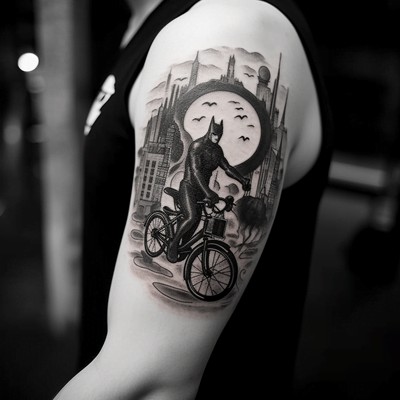 Batman Riding a Bicycle Tattoo on the Arm