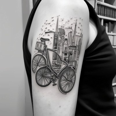 Bicycle Line Art Tattoo with the Books on the Arm