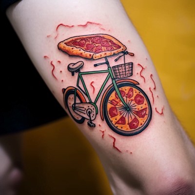 Bicycle Pizza Tattoo on the Leg