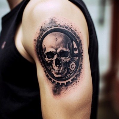 Bicycle Sprocket as Skull Tattoo on the Biceps